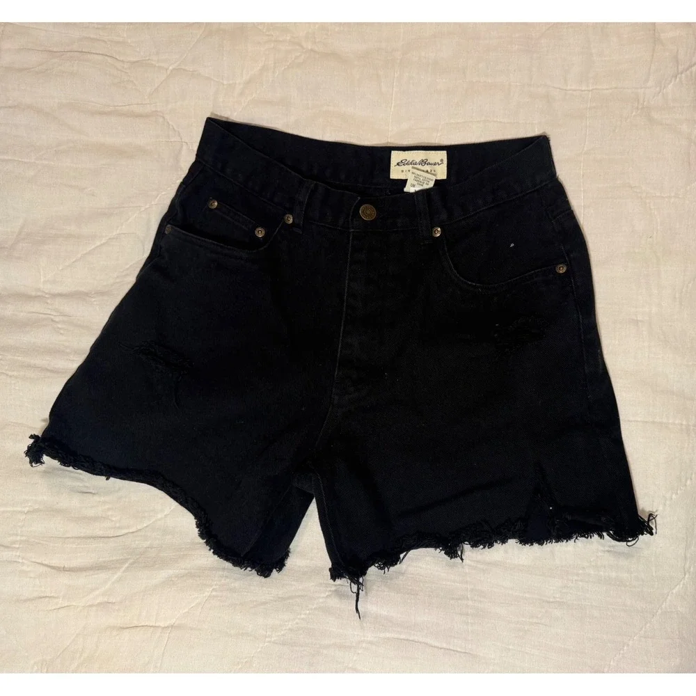 Eddie Bauer Black Distressed High Waisted Denim Shorts Frayed Hem Womens Size 8 - Picture 2 of 10